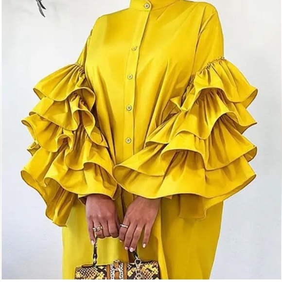 NWT,Balulah,WILD Yellow, Ruffled Bell Sleeve,Button-Front Tunic Dress, Size M/L - Picture 2 of 7